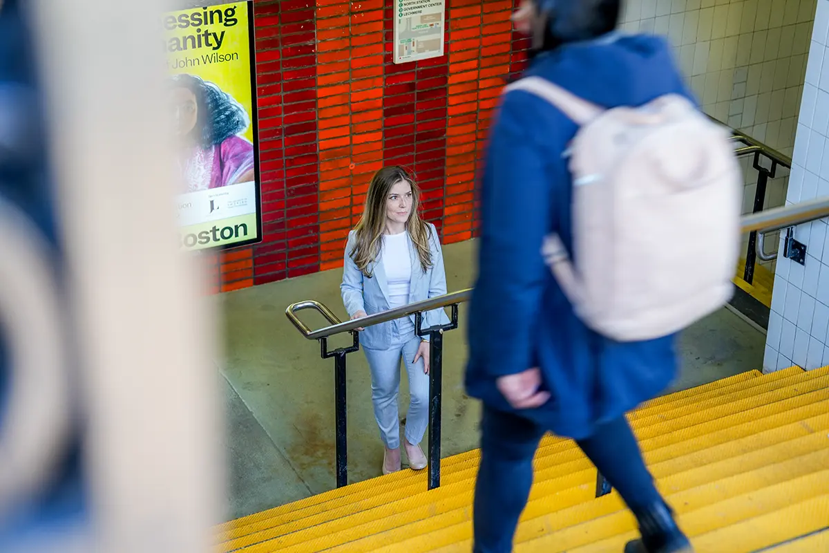 Julie Guerette at a train station